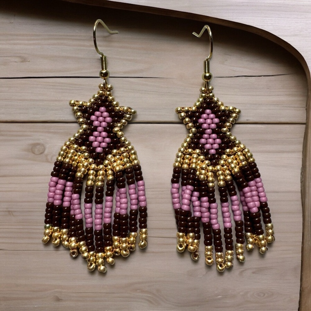 Handmade Beaded Star Earrings Dangle Seed Bead Earrings 2.5” Gold Old Rose Brown